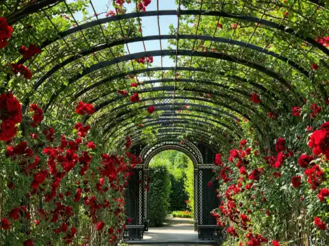 Tunnel de rosiers rouges sur arceaux métalliques noirs, allée gravillonnée menant à un portique en fer